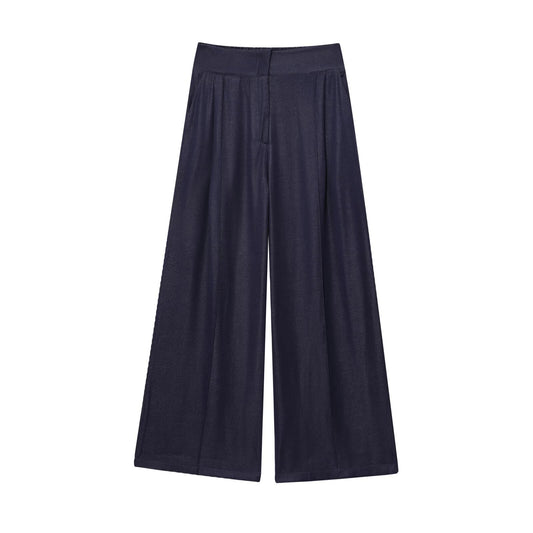 Camille | Casual Wide Leg Trousers Navy Linen High Waisted
