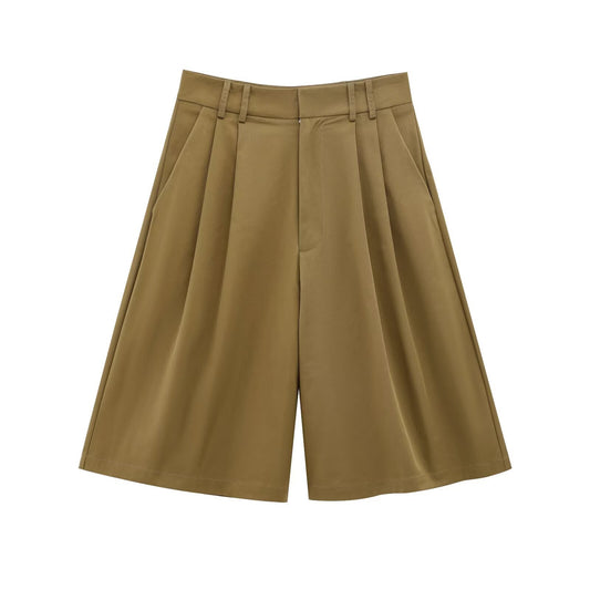 Aria | Smart Casual Tailored Shorts Khaki High Waisted Pleated Wide Leg