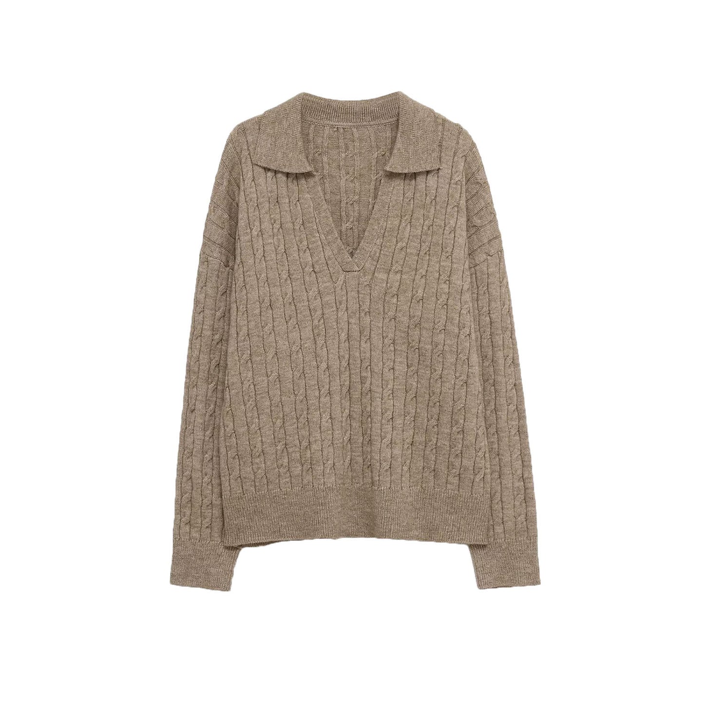 Eleanor | Brown Cosy Cable Knit V-Neck Polo Jumper