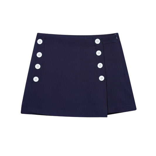 Alma | Navy Tailored Shorts High Waisted Button Detail Mini