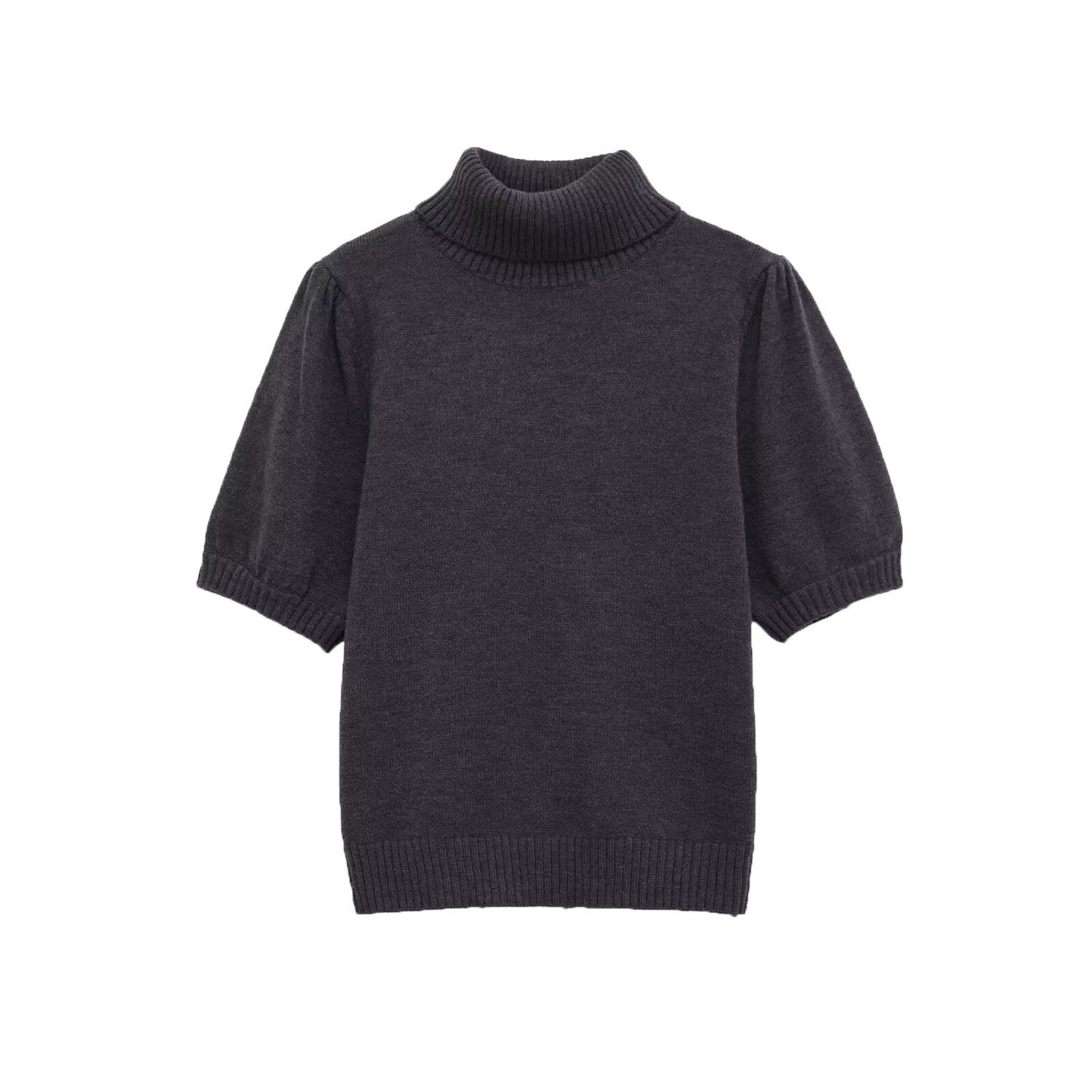 Greta | Knitted Top Grey Turtleneck Short Sleeve Puff Sleeve Fitted