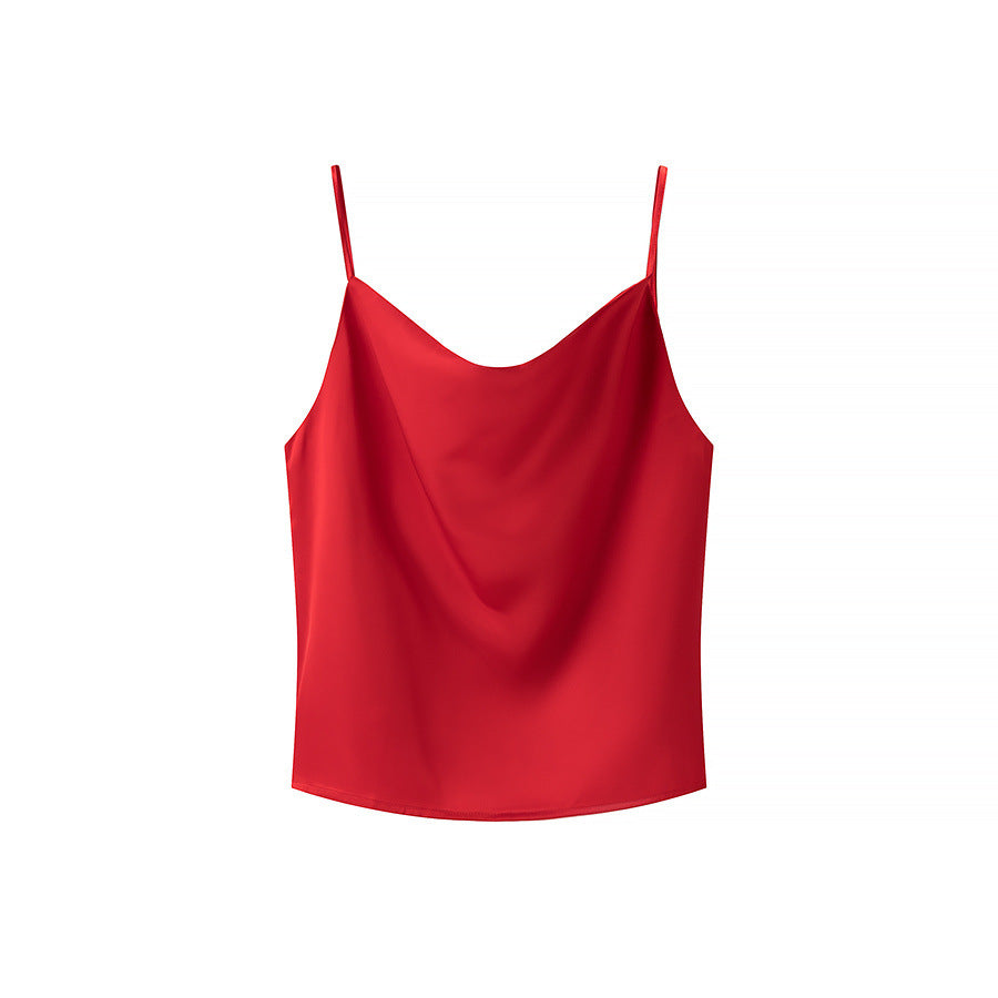 Maren | Elegant Cowl Neck Cami Top Red Satin Sleeveless Strappy