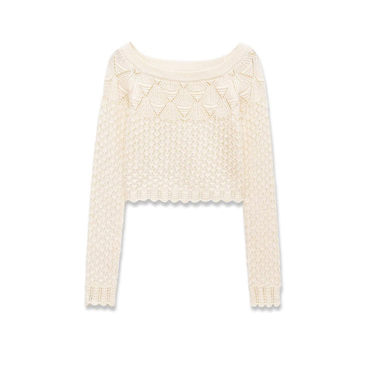Quinn | Summer Crochet Top Cream Long Sleeve Crop