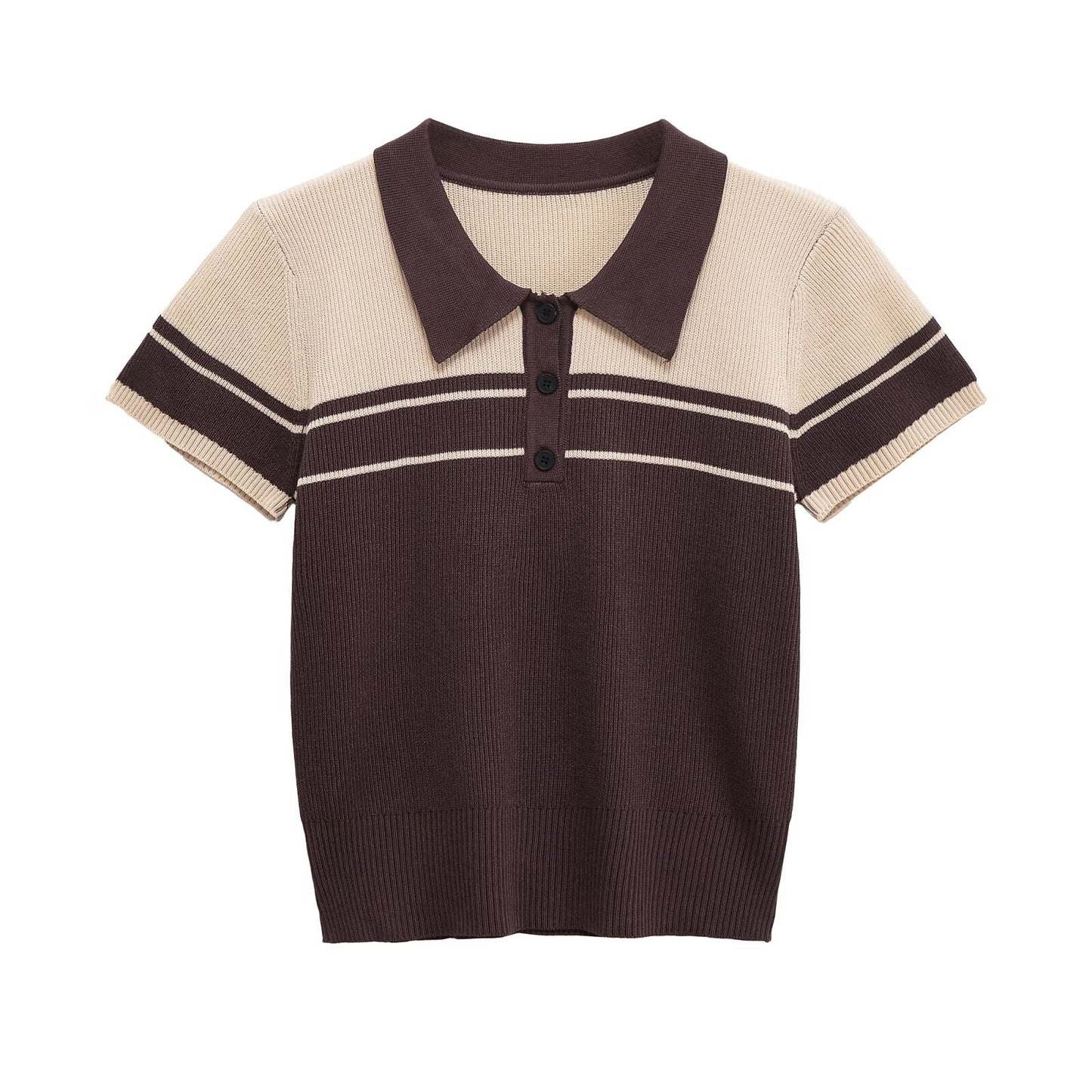 Rose | Brown Chic Ribbed Knit Colour Block Short Sleeve Polo Top