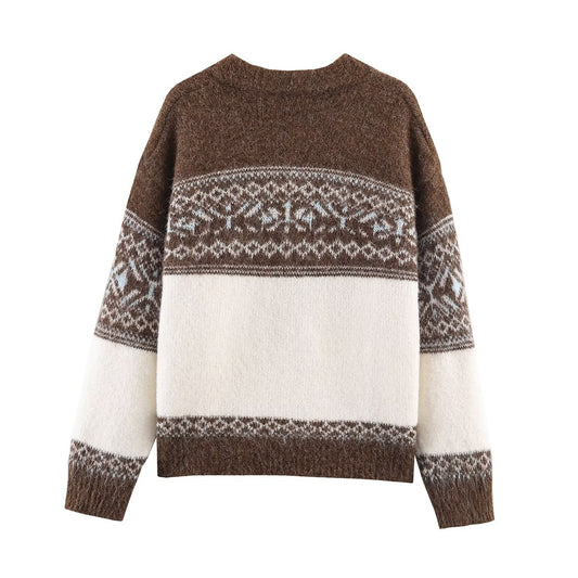 Kira | Winter Knitted Cardigan Brown Cream Fair Isle Zip Up