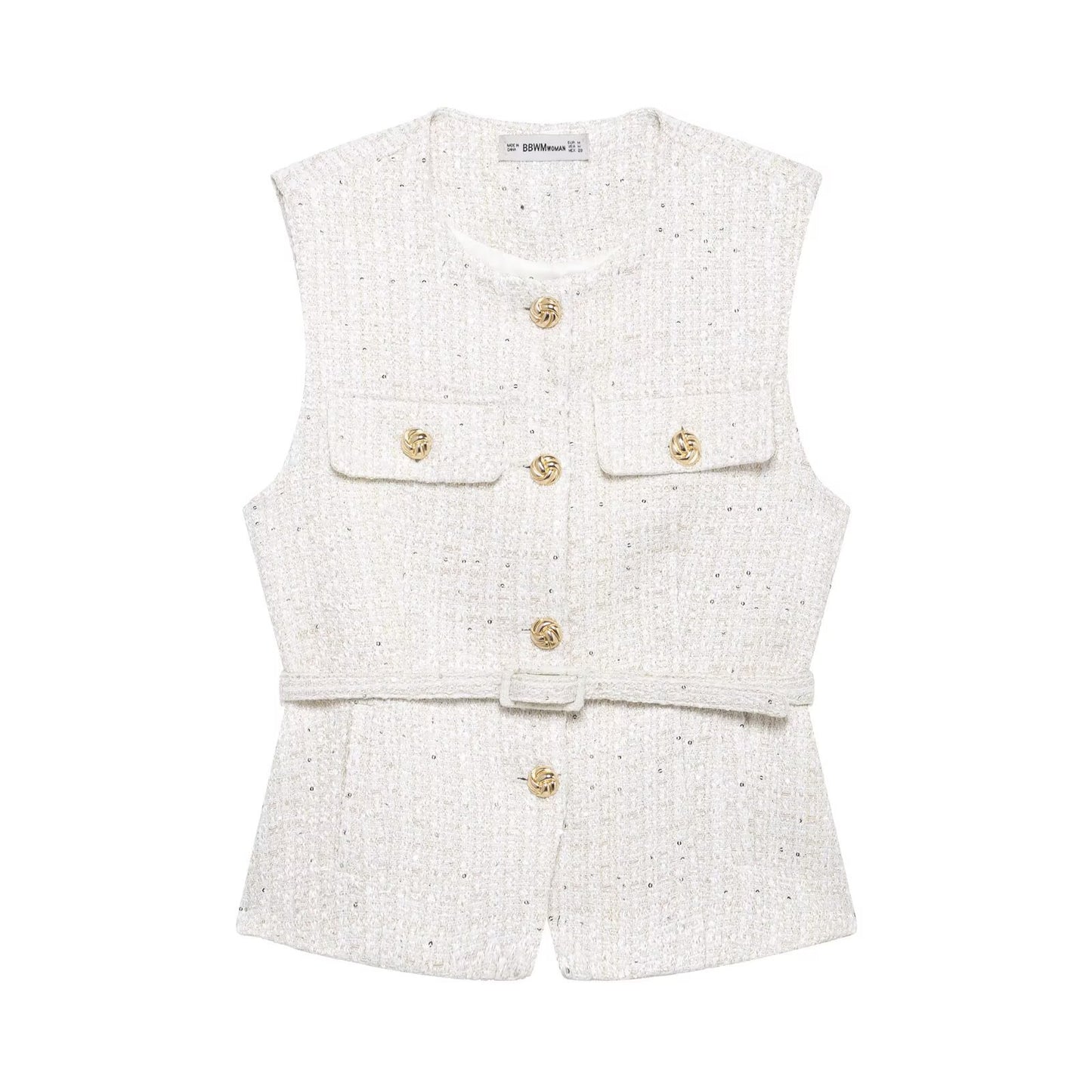 Mara | Tweed Button Front Vest Black Gold Accents