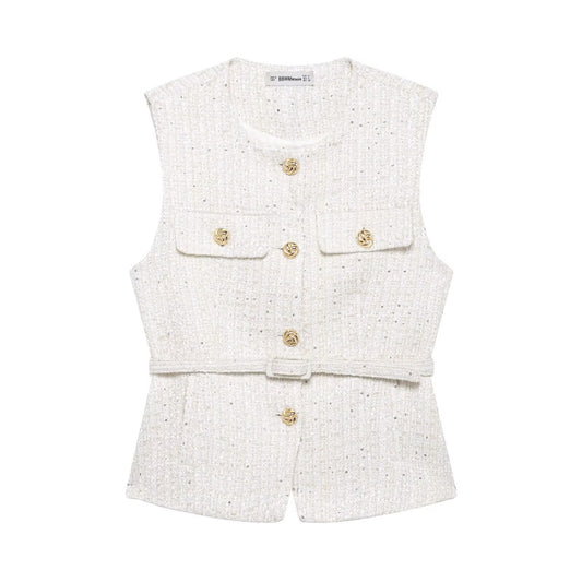 Mara | Tweed Button Front Vest Black Gold Accents