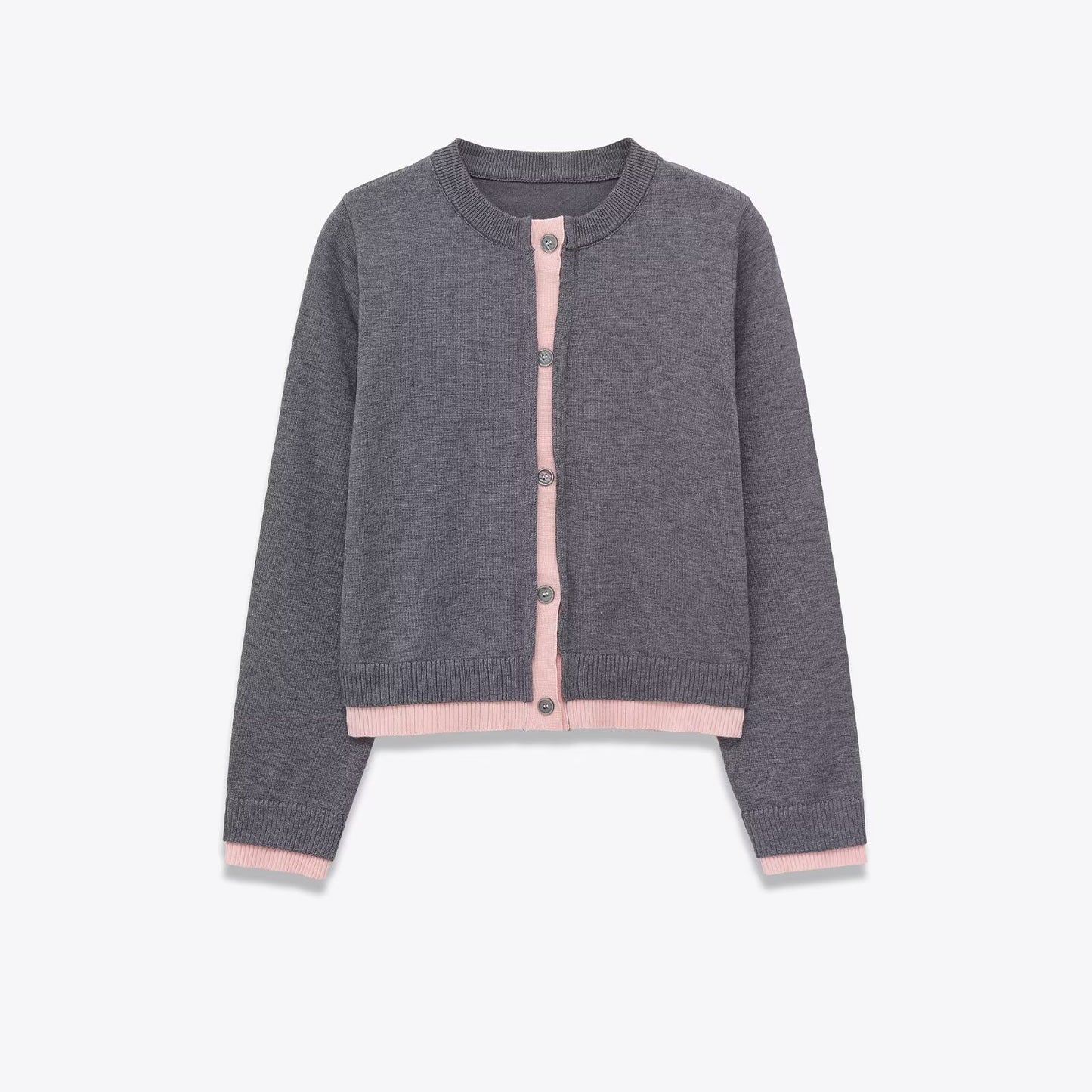 Margot | Fitted Cardigan Gray Long Sleeve Blue Trim Button Front