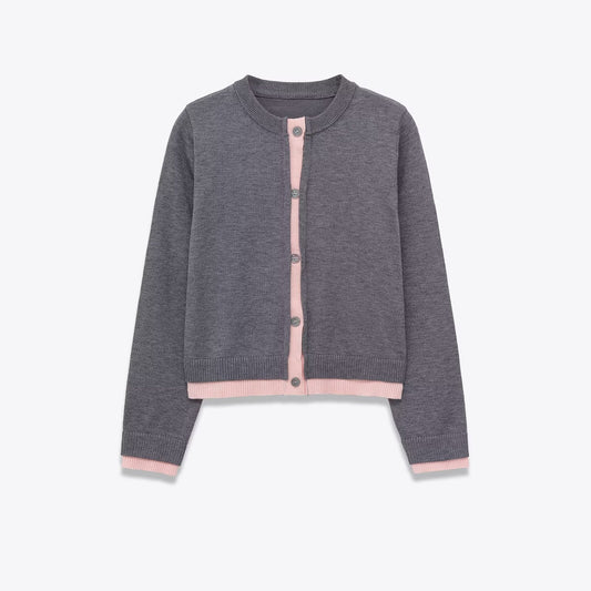 Margot | Fitted Cardigan Gray Long Sleeve Blue Trim Button Front
