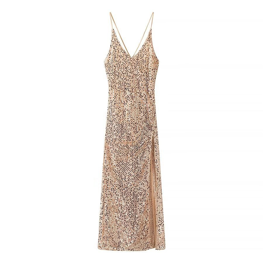 Iris | Sequin Maxi Dress Champagne Halter Slit
