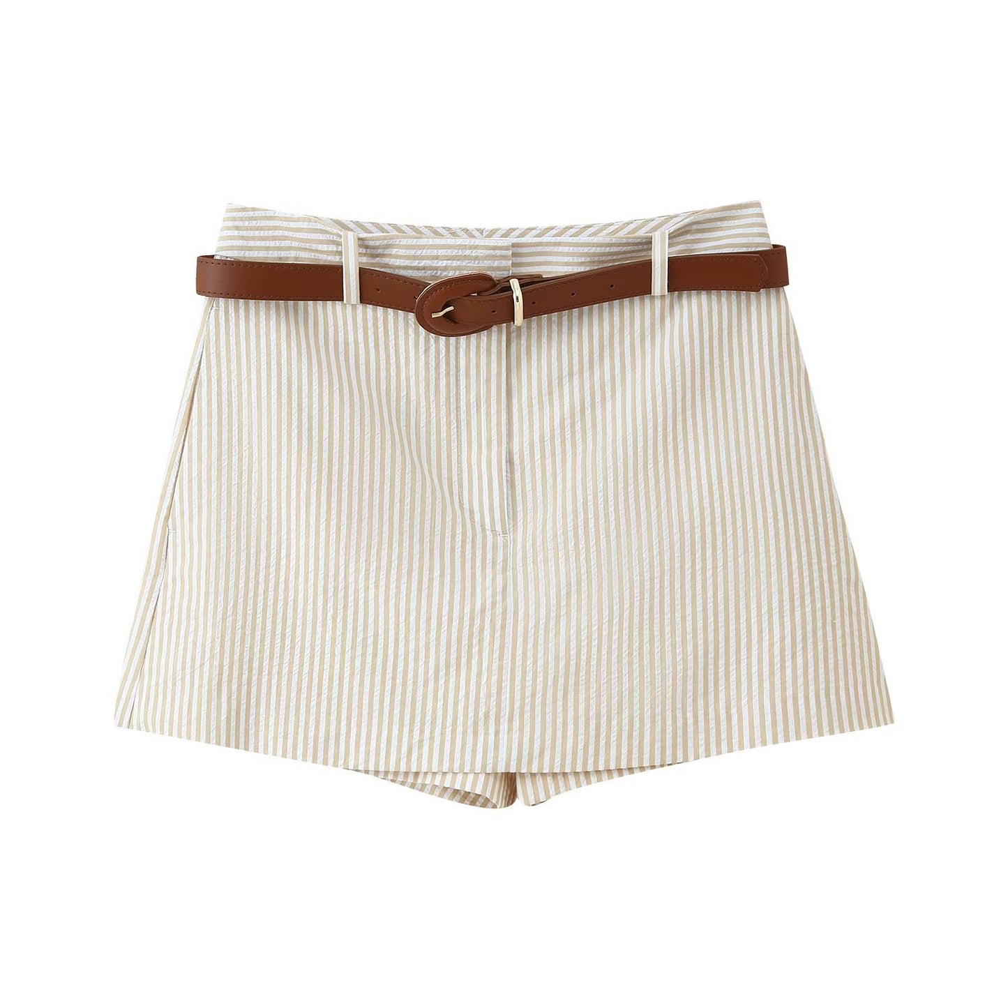 Thea | High Waisted Linen Shorts Cream Striped Tailored