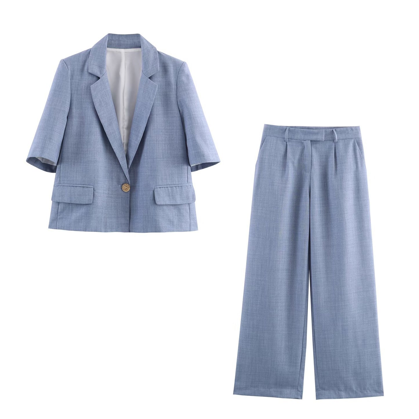 Margot | Tailored Blazer And Wide Leg Pants Set Blue Short Sleeve
