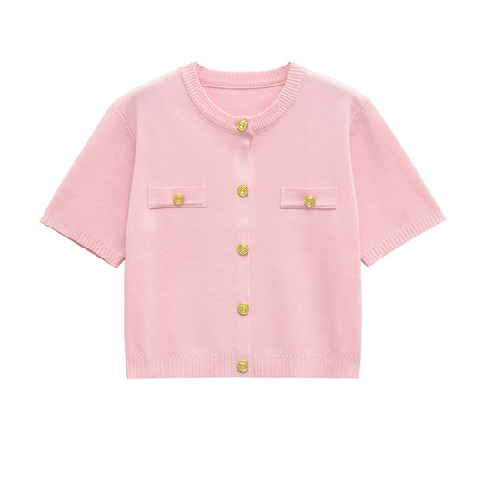 Ayla | Summer Knitted Cardigan Yellow Short Sleeve Cropped Gold Button