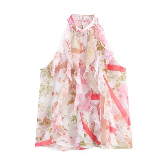 Lola | Elegant Halter Neck Top Pink Floral Chiffon Sleeveless Ruffle