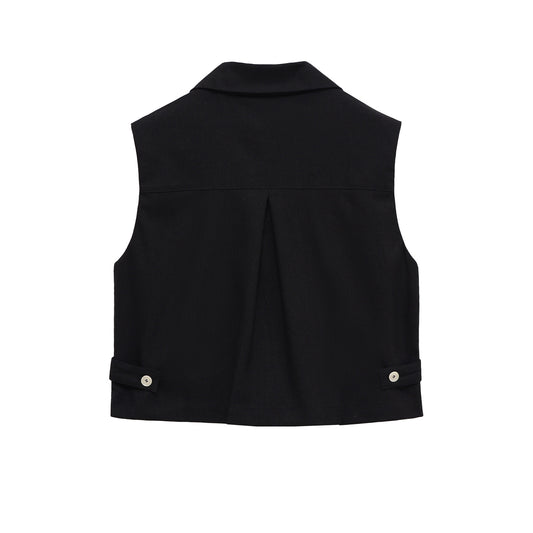 Tess | Cropped Sleeveless Blazer Black Tailored Utility Pockets
