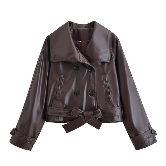 Vera | Cropped Faux Leather Jacket Brown Double Breasted Belted