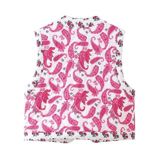 Vera | Paisley Print Sleeveless Cardigan Pink White Open Front