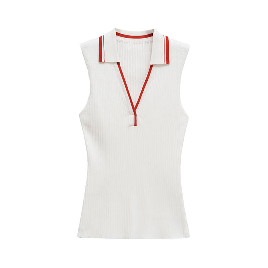 Rosa | Casual Knitted Top Cream Sleeveless Collared Ribbed Fitted