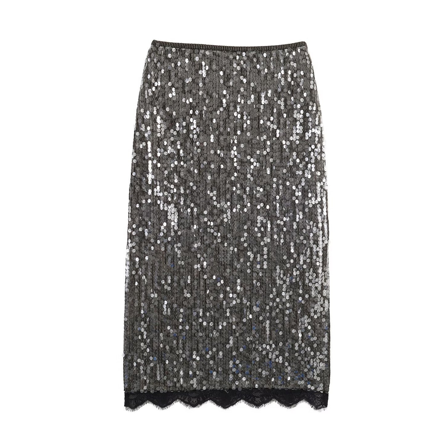 Elodie | Elegant Sequin Midi Skirt Grey Lace Hem Fitted