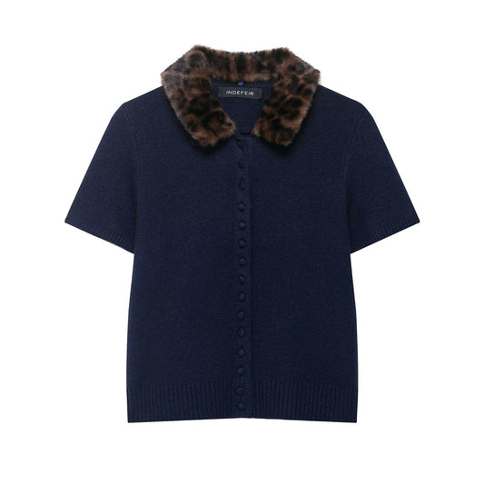 Vera | Cropped Button Up Sweater Navy Short Sleeve Faux Fur Collar