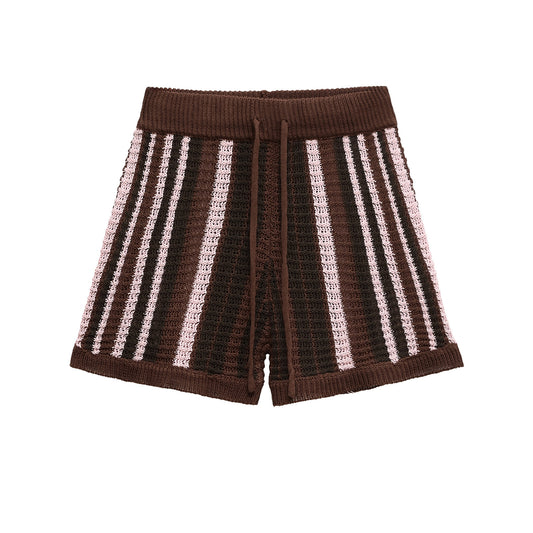 Margot | Ribbed Crochet Shorts Brown Striped High Waisted