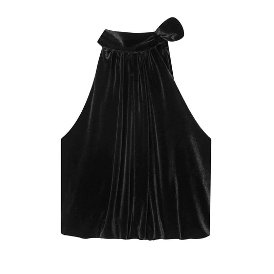 Hazel | Elegant Velvet Top Black Halter Neck Tie Sleeveless