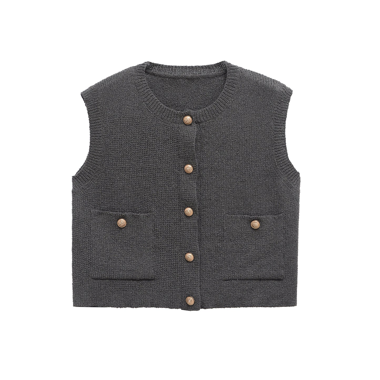 Sia | Sleeveless Knitted Cardigan Grey Button Front Cropped Pockets