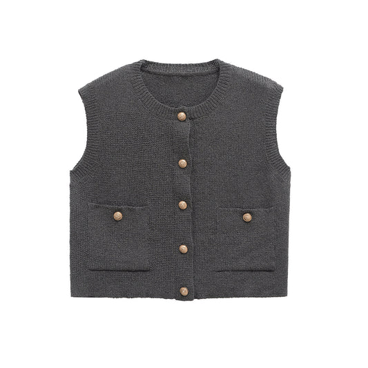 Margot | Cropped Knit Cardigan Gray Button Front Sleeveless