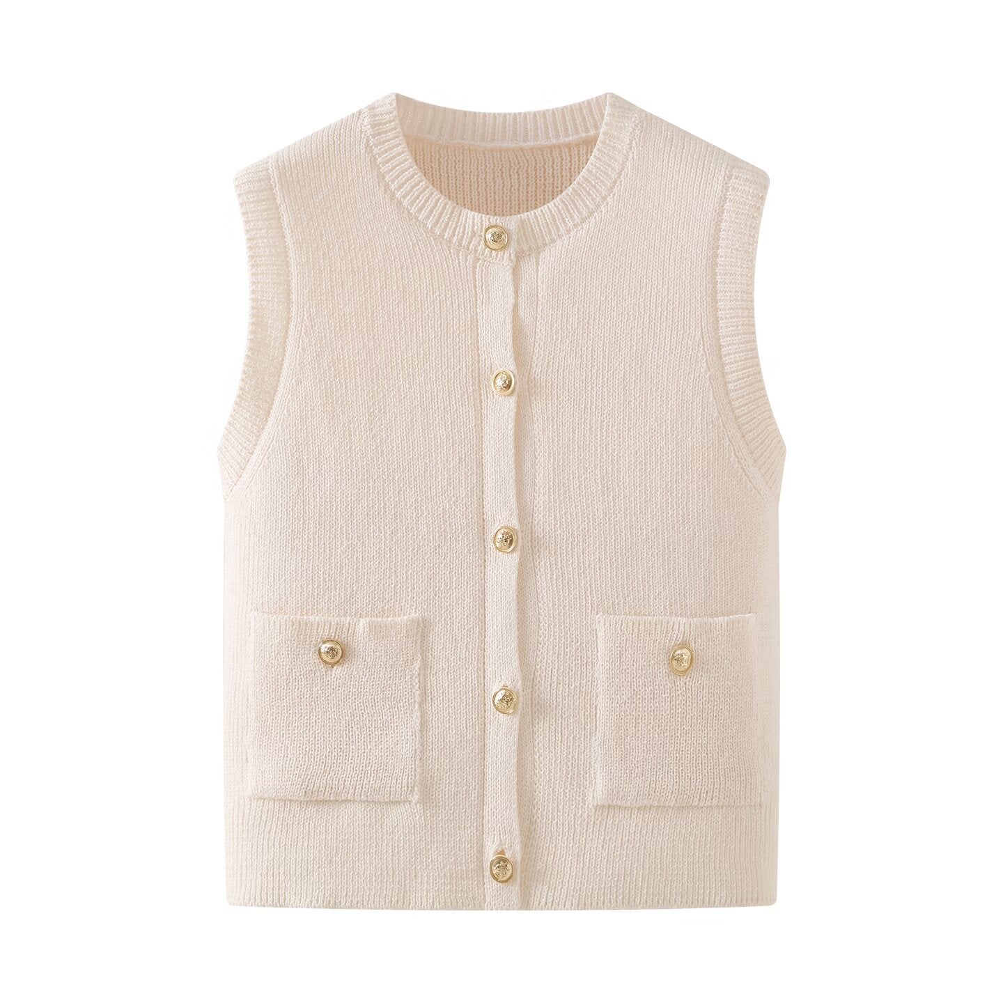 Faye | Sleeveless Ribbed Cardigan Cream Button Front Pockets