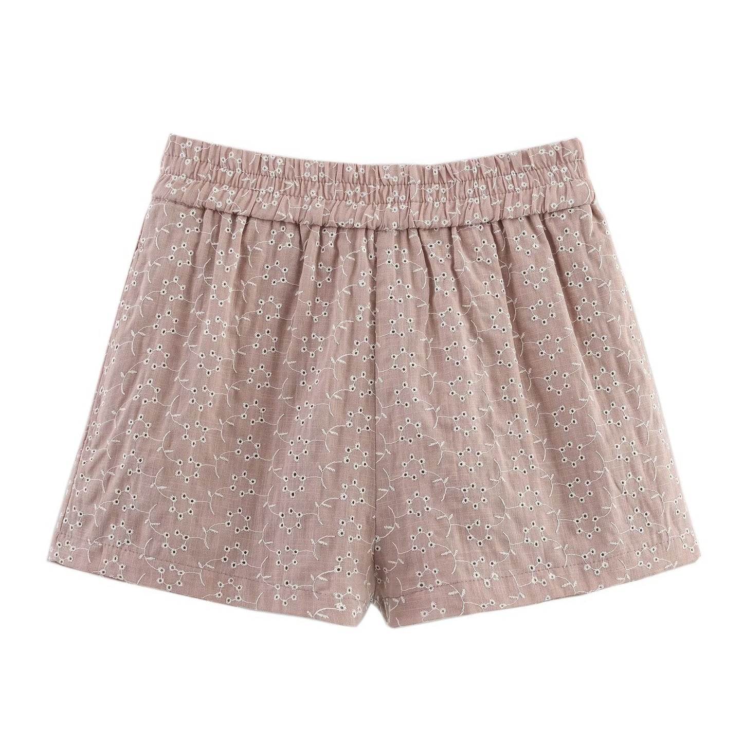 Neve | Casual Linen Shorts Pink Embroidered High Waisted