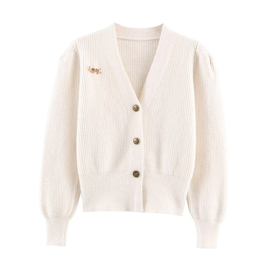 Freya | Cream Cardigan Knitted Long Sleeve V Neck Button Front