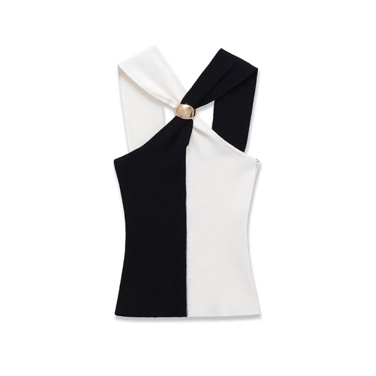 Kit | Halter Neck Top Black White Knitted Ribbed Sleeveless Crop
