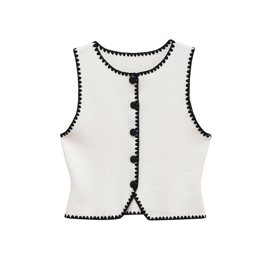 Thea | Coquette Cropped Tank Top White Black Scallop Trim