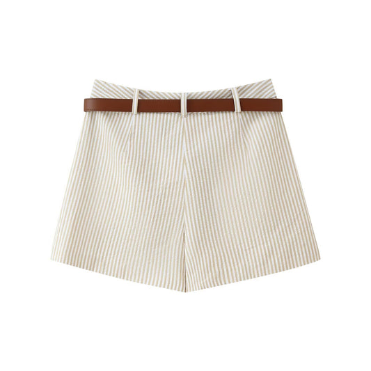 Thea | High Waisted Linen Shorts Cream Striped Tailored