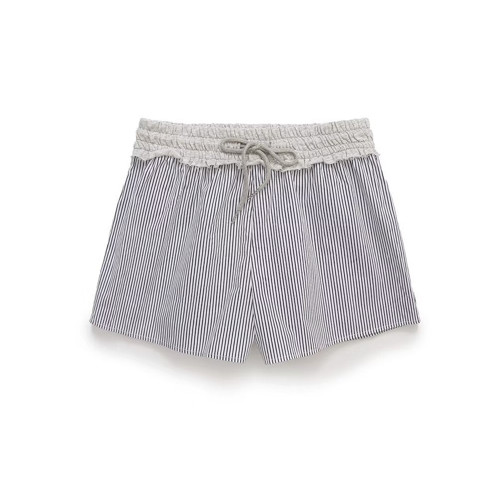 Edie | Casual Linen Shorts Striped Grey Drawstring High Waisted