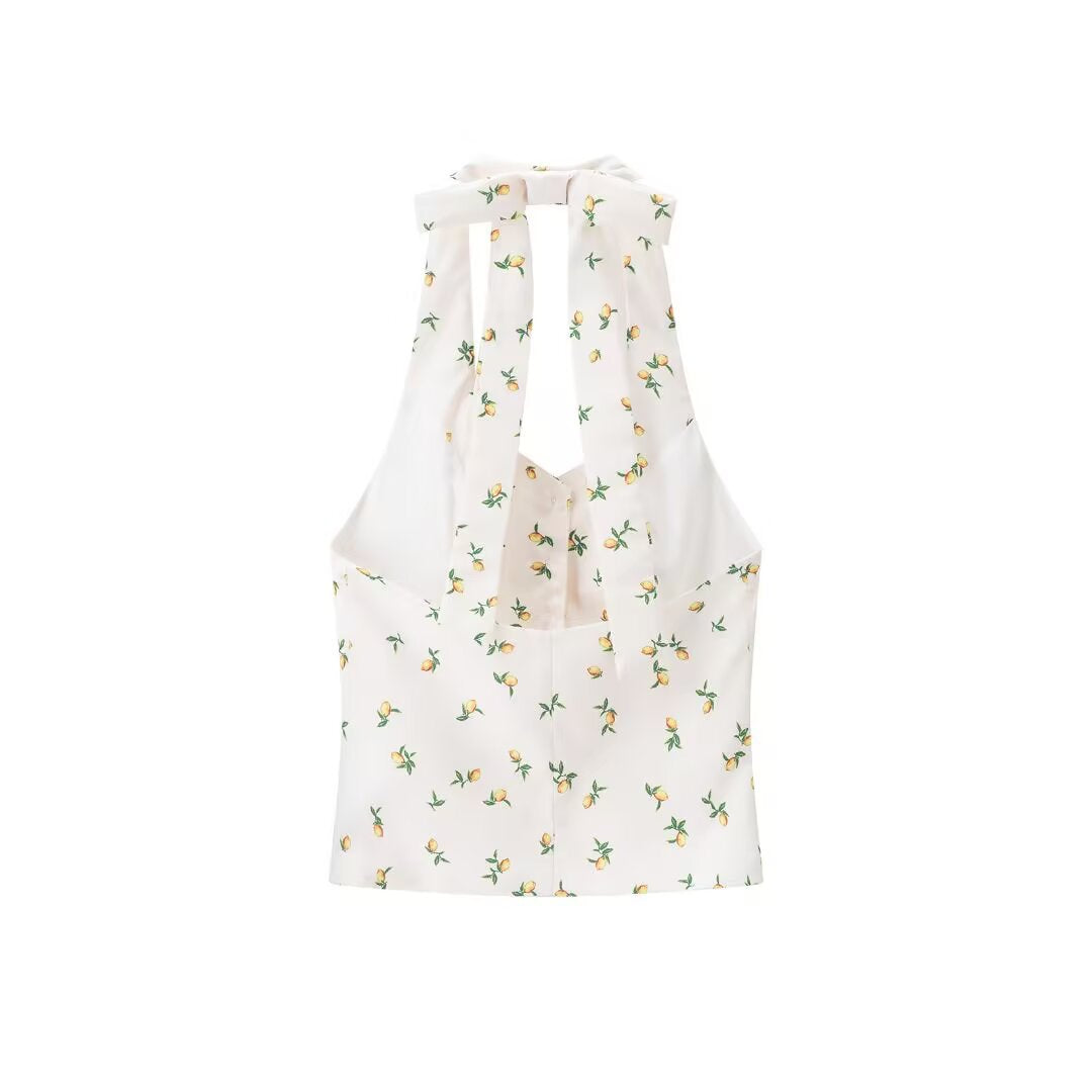 Viola | Summer Halter Neck Top White Floral Print Fitted V Neck