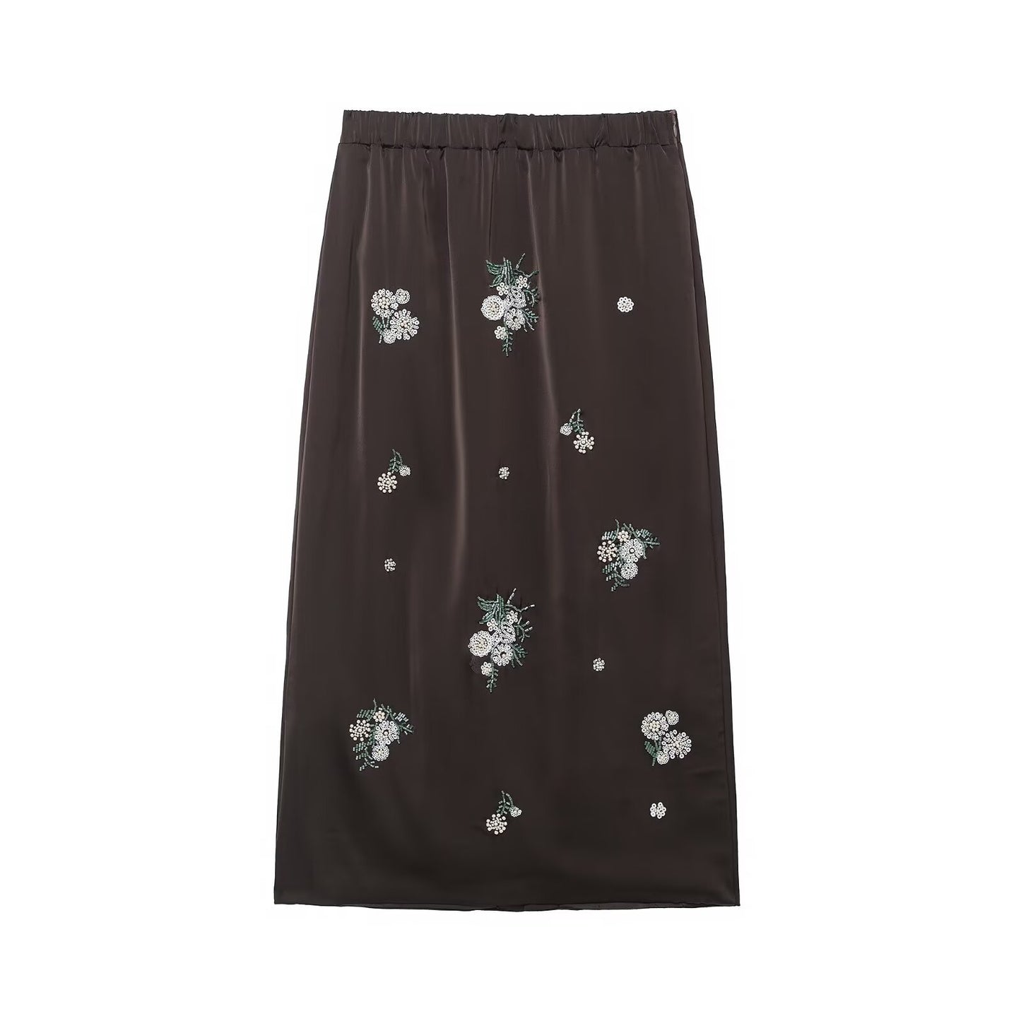Flora | Elegant Satin Midi Skirt Brown Embellished Floral