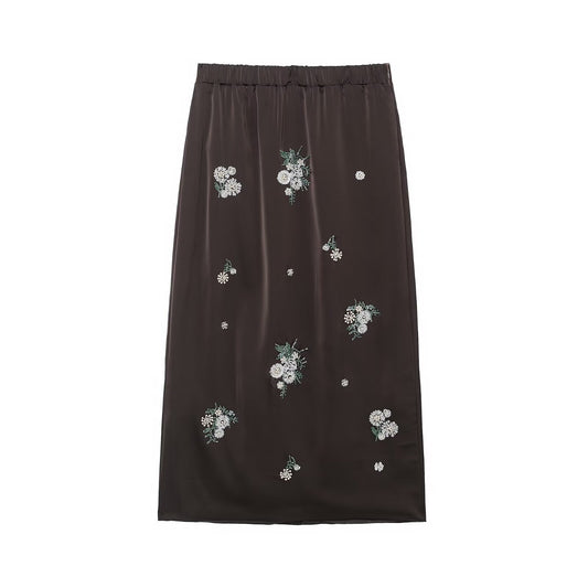 Flora | Elegant Satin Midi Skirt Brown Embellished Floral