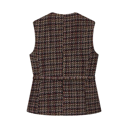 Margot | Preppy Tweed Sleeveless Top Brown Button Front Belted