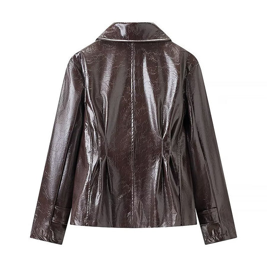 Cleo | Faux Leather Jacket Brown Double Breasted Long Sleeve