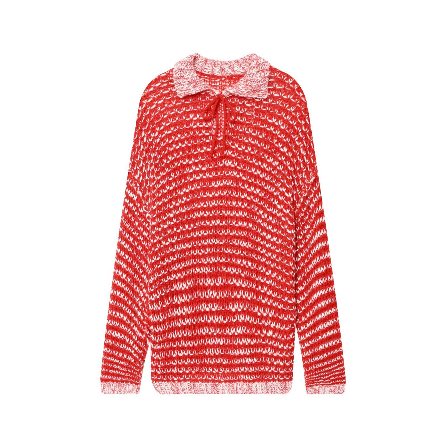 Lily | Red Relaxed Open Knit Striped Hooded Polo Jumper