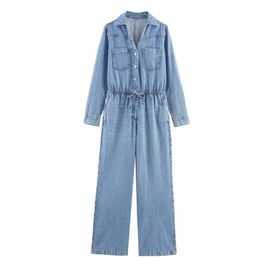 Nea | Casual Light Blue Denim Jumpsuit Long Sleeve Drawstring