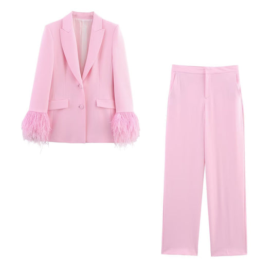 Rosie | Pink Feather Cuff Suit