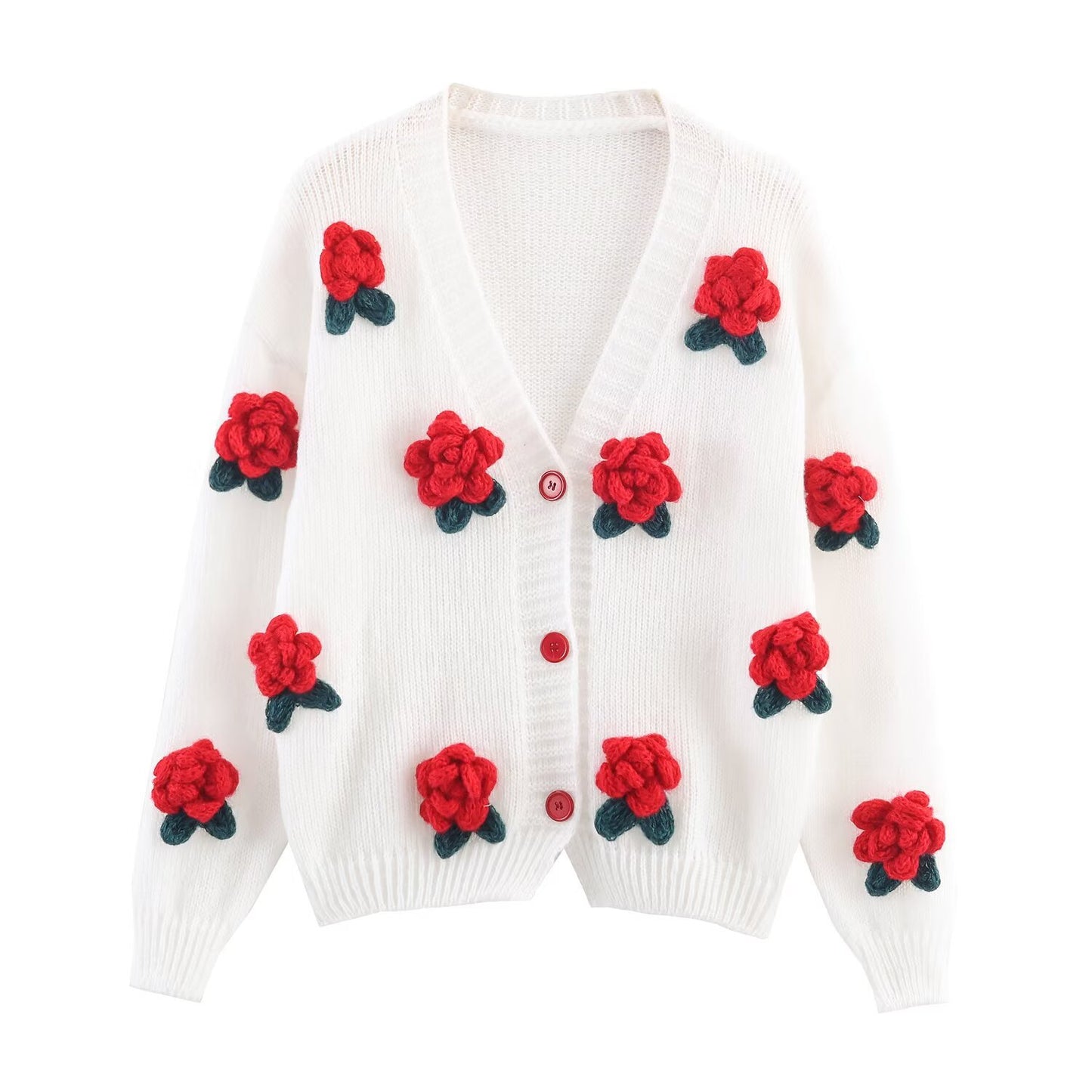 Kit | White Cardigan Knitted Floral Applique Red Button Up Long Sleeve
