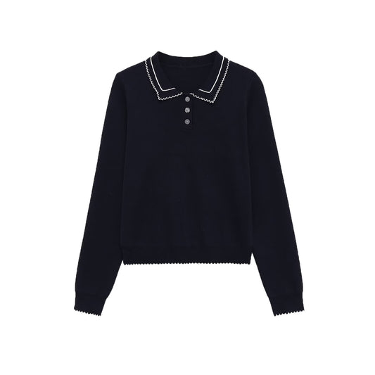 Ines | Peter Pan Collar Blouse Navy Long Sleeve Knitted
