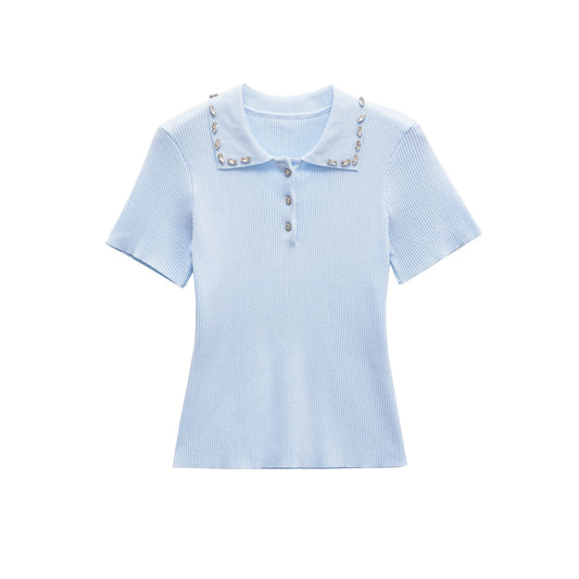 Olivia | Elegant Ribbed Knit Rhinestone Collar Polo Top