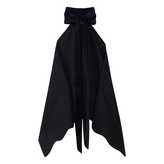 Romy | Elegant Halter Neck Top Black Satin Asymmetric Sleeveless