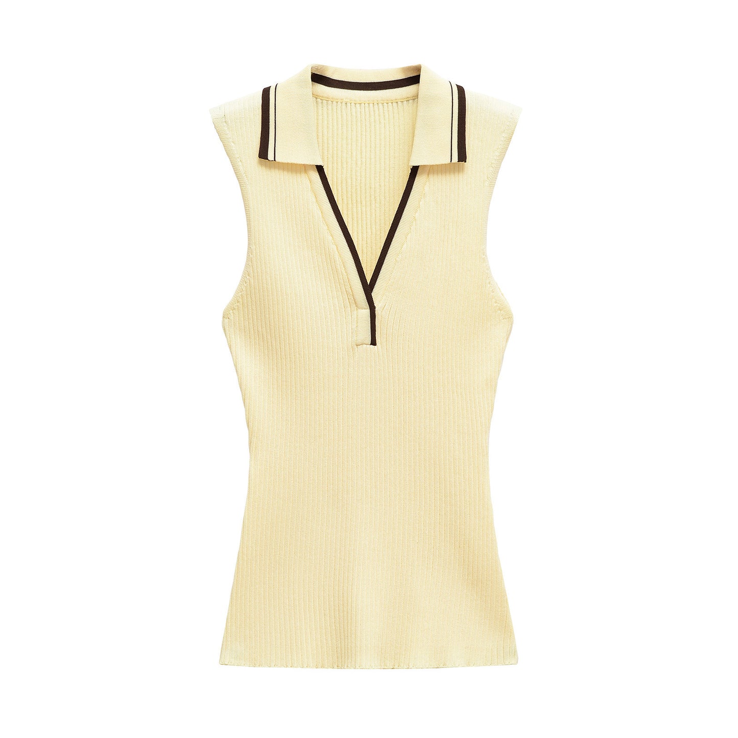Rosa | Casual Knitted Top Cream Sleeveless Collared Ribbed Fitted