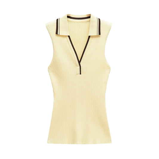 Rosa | Casual Knitted Top Cream Sleeveless Collared Ribbed Fitted