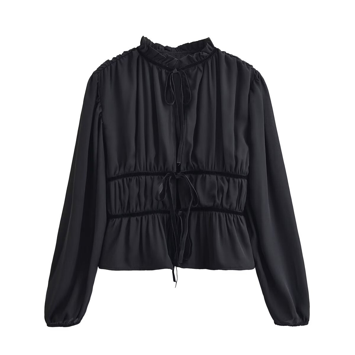 Ivy | Long Sleeve Blouse Black Tie Front Peplum